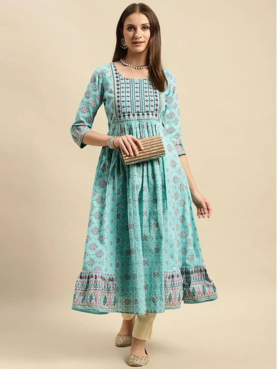 Rangita Women 100% Cotton Light Blue Yoke Embroidered Self Textured Calf Length Anarkali - None