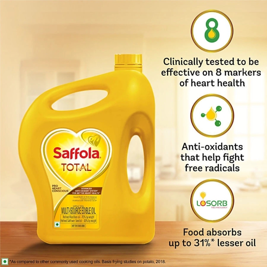 Saffola Total Refined Cooking Oil, Blended Rice Bran & Safflower Oil, Helps Manage Cholesterol, 2 L Jar