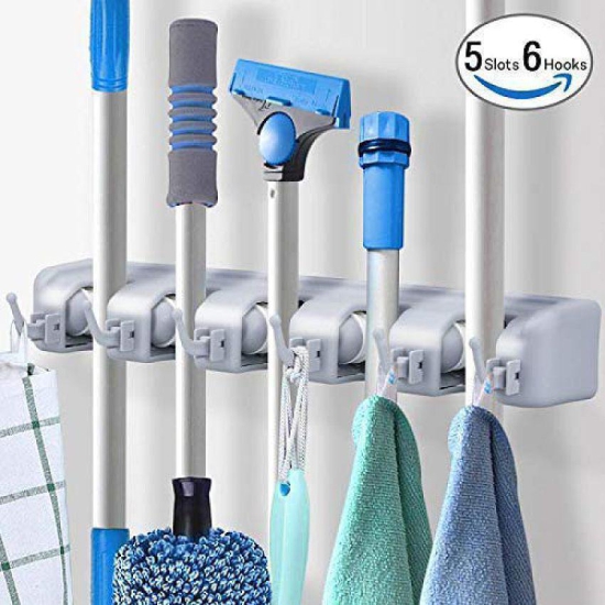 Mop,Wiper & Broom Holder, 5 Slot Position with 6 Hooks Storage Holder Wall Mounted, Plastic, Multicolour