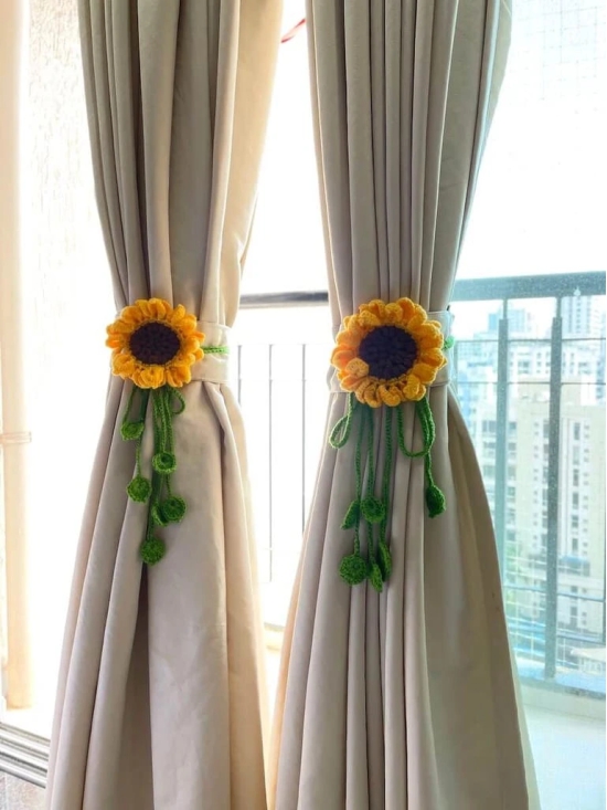 Hand Crafted Crochet Curtain Tiebacks Sunflower Yellow