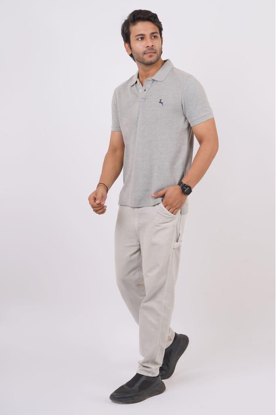 Men's Grey Melange Embroidery Polo T-Shirt