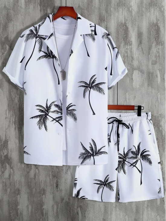 Palm Tree Print Mens Shirt And Shorts Set Short Sleeve-S-40 / White