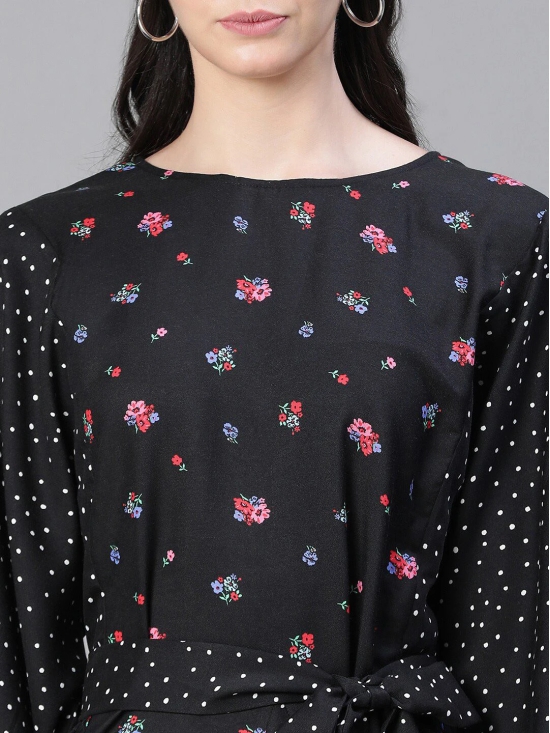 Oxolloxo Floral Printed Puff Sleeves Tie Up Detail Fit & Flare Dress