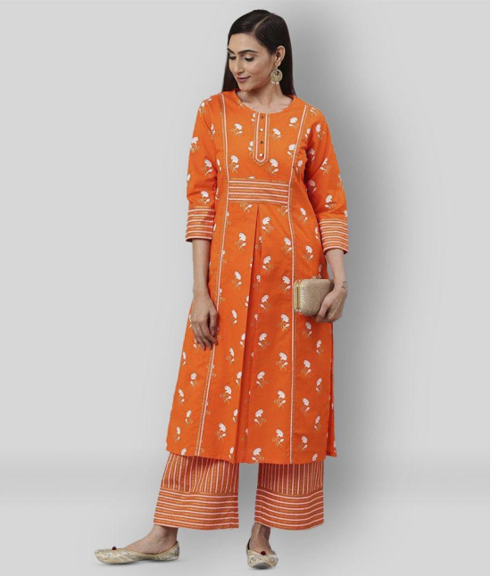 Yash Gallery - Orange Front Slit Cotton Womens Stitched Salwar Suit ( Pack of 1 ) - L