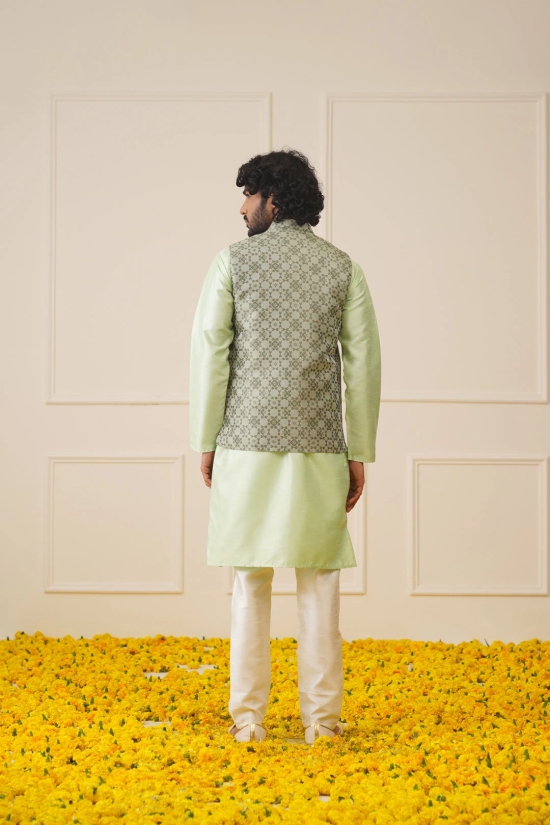 Mens Woven Design Nehru Jacket With Kurta Pyjama Set-S / Green