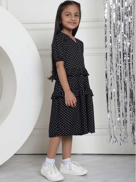 MINI & MING Girls Polka Dot Printed V-Neck Puff Sleeves A-Line Dress