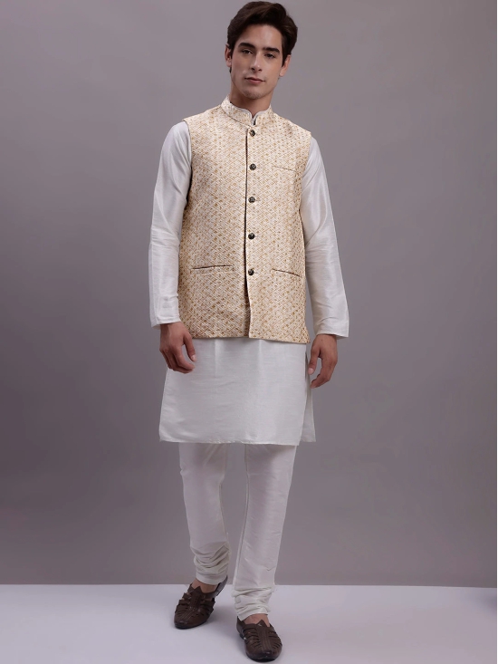 Mens Cream Woven Design Nehru Jacket With Solid Kurta Pyjama.-XL / Cream