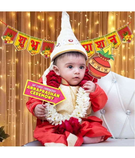 Zyozi Annaprasanam Photo Booth Props with Annaprasanam Bunting Banner Hindi Font Shubh Annaprashan | Rice Ceremony Decorations Items (Pack of 18) - Multicolor