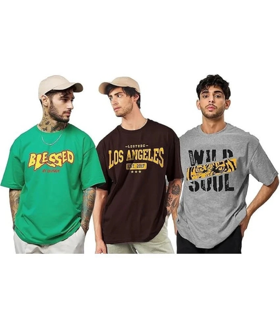 Leotude Cotton Blend Oversized Fit Printed Half Sleeves Mens T-Shirt - Brown ( Pack of 3 ) - None