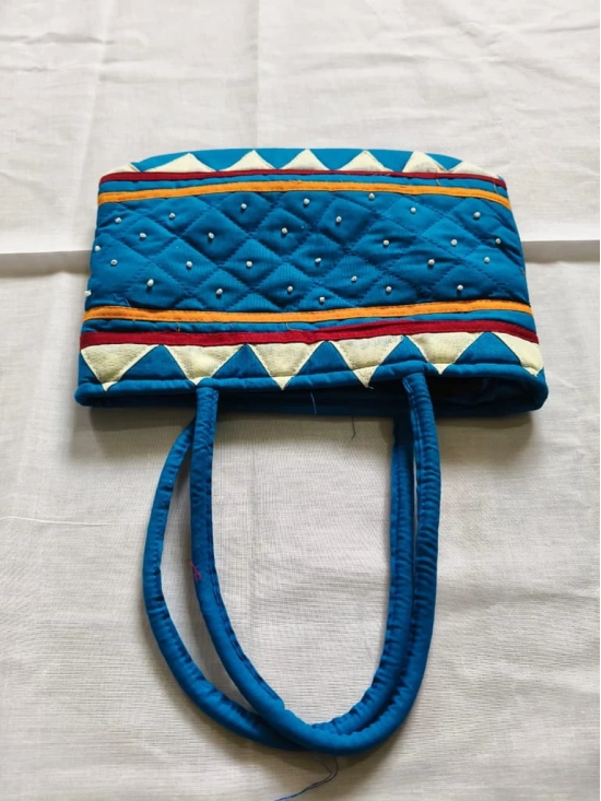 Handmade Beaded Blue Cotton Tote Bag