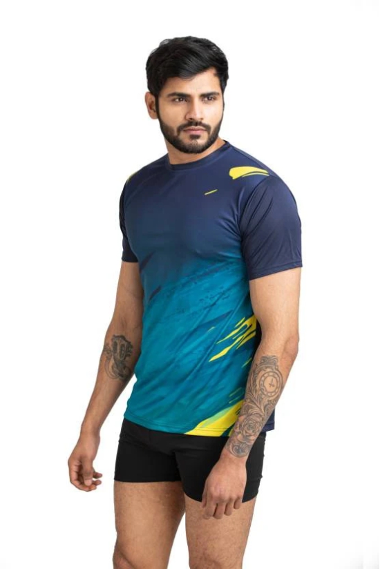 Men Printed Round Neck Polyester Navy Blue T-Shirt