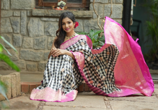 Pure Katan Silk Banarasi Saree in Black and White Checks with Contrasting Pink Borders  | SILK MARK CERTIFIED