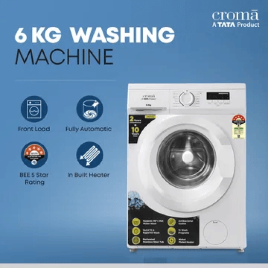 Croma 6 kg 5 Star Fully Automatic Front Load Washing Machine (In-built Heater, White)