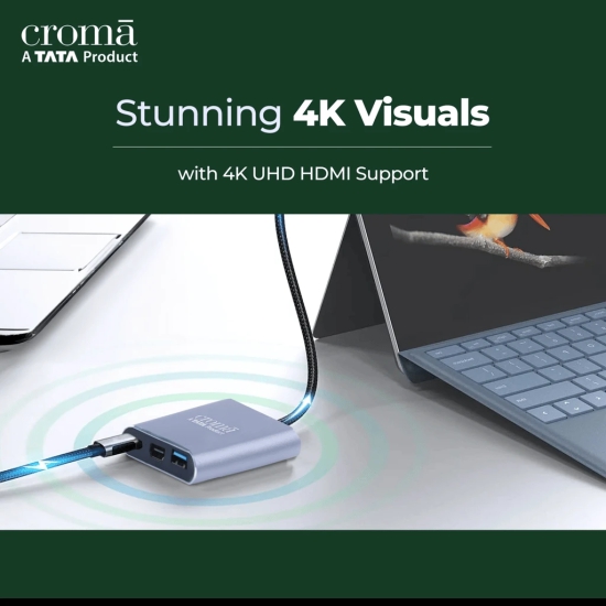 Croma USB 3.0 Type C to USB 3.0 Type C, USB 3.0 Type A, HDMI Type A Multi-Port Hub (Apple Compatible, Grey)