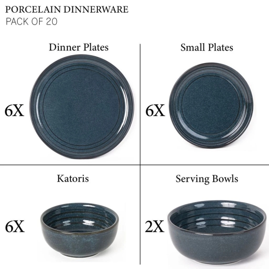 Handcrafted Chip Resistance Porcelain Dinner Set, 20 Pieces Dish Set Serving for 6, Microwave and Dishwasher Safe, Bone-ash Free, Crockery Set for Dining and Gifting, Sapphire Blue