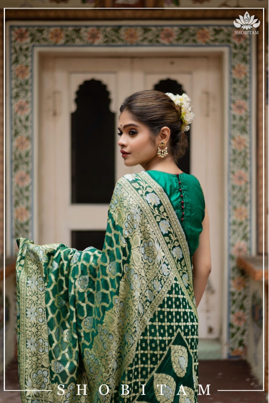 Banarasi Silk Georgette Saree in Alfi Sona Rupa Brocade Jaal Weave in Bottle Green | SILK MARK CERTIFIED