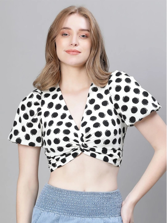 Oxolloxo Polka Dots Printed Puff Sleeve Smocked & Twisted Monochrome Crop Regular Top