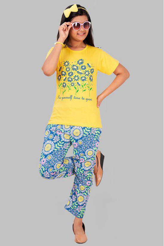 Girls Printed Cotton Round Neck Short Sleeves Pyjama Set-13-14 years