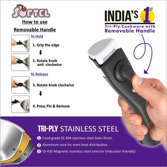 Softel Tri-Ply Stainless Steel Tasla with Removable Handle | Gas & Induction Compatible | Silver | 1 Pc 20 cm