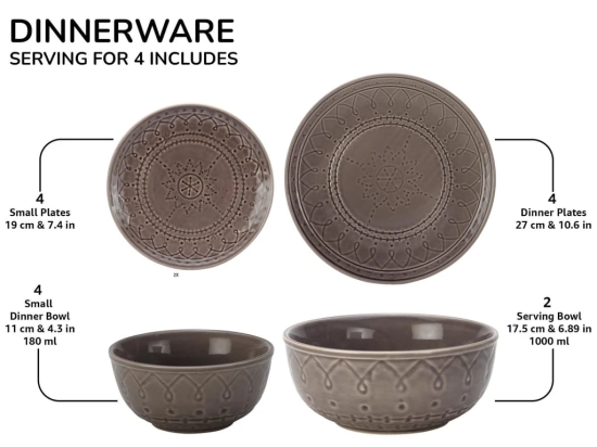 Aadeep Handcrafted Emboss Stoneware Ceramic Dinner Set, 10 Pieces Dish Set Serving for 4, Microwave and Dishwasher Safe, Bone-ash Free, Crockery Set for Dining and Gifting, Ash Grey