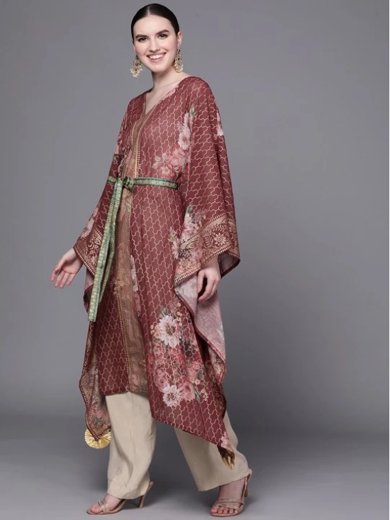 Women Maroon Floral Printed Flared Sleeves Kaftan Kurta