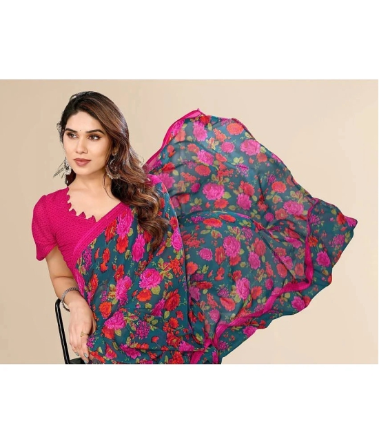 ANAND SAREES Georgette Printed Saree With Blouse Piece - Teal ( Pack of 1 ) - Teal