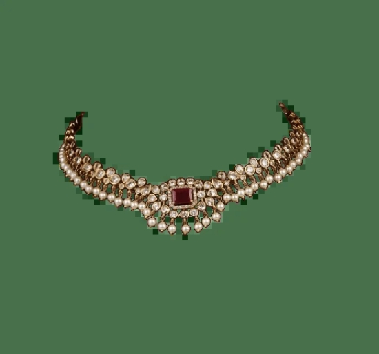 Ruby and Diamond Choker Necklace Set with Pearls