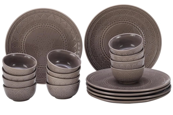 Aadeep Handcrafted Emboss Stoneware Ceramic Dinner Set, 10 Pieces Dish Set Serving for 4, Microwave and Dishwasher Safe, Bone-ash Free, Crockery Set for Dining and Gifting, Ash Grey