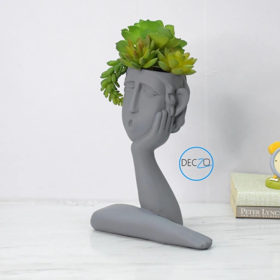 Human Thinking Showpiece Cum Table Planter : Grey