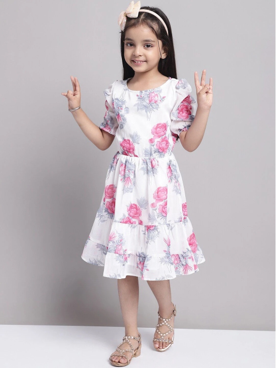 MINI & MING Girls Floral Print Puff Sleeve Georgette Fit & Flare Dress