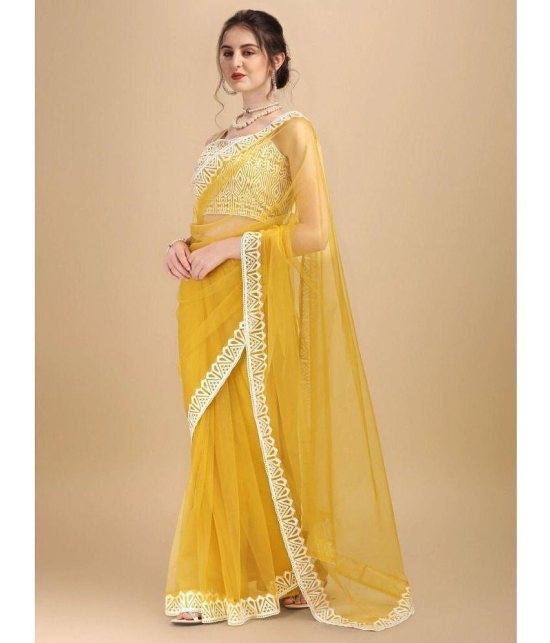 Rangita Women Solid Embroidered Net Saree with Blouse Piece - Yellow - Yellow