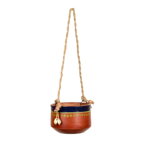 Blue-Brown Earthen Planter with Jute Hanger ( Pot-5x5x3.5) H-14