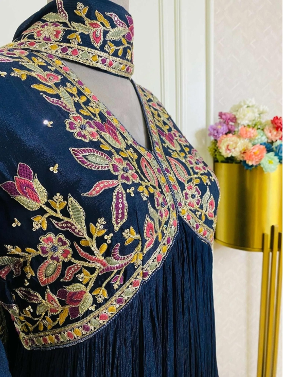 NEW Navy blue  Floral Embroidered Alia Cut Ethnic Dress