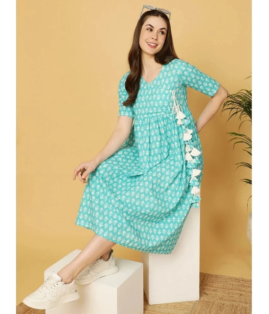 Antaran Cotton Printed Ankle Length Womens Fit & Flare Dress - Sea Green ( Pack of 1 ) - None