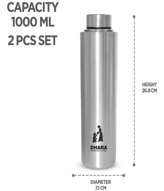 Dhara Stainless Steel Silver Stainless Steel Fridge Water Bottle 1000 mL ( Set of 2 ) - Silver