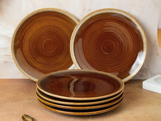 Handcrafted Reactive Glaze Ceramic Dinner Plates, 6 Pieces Serving for 6, Microwave and Dishwasher Safe, Bone-ash Free, Full Plate Set Crockery for Dining and Gifting, Peanut Brown