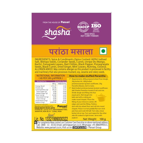 SHASHA PARANTHA MASALA 100g (FROM THE HOUSE OF PANSARI)