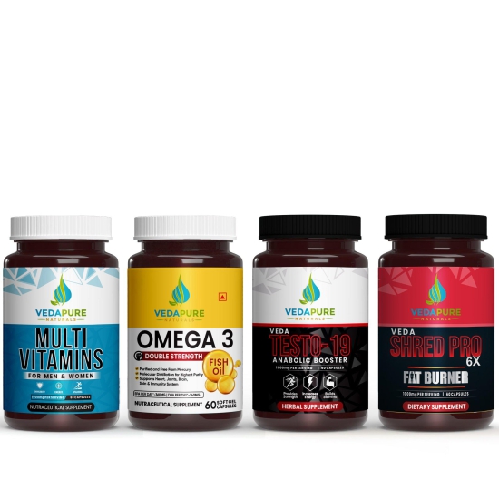 Vedapure Gym Essentials Kit - Multivitamin For Men & Women - 60 Capsules & Double Strength Omega 3 Fish Oil 1000mg- 60 Softgel & Veda Testo-19  Anabolic Booster - 60 Capsules & Veda Shred Pro 6X 