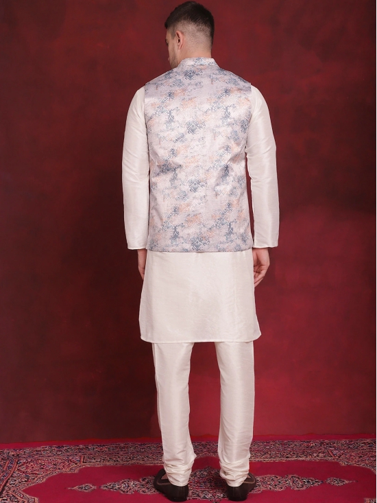 Silver Floral Printed Nehru Jacket With Kurta Pyjama Set-M / Silver