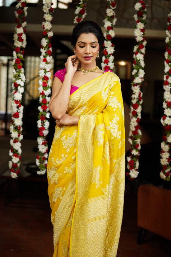 Pure Georgette Silk Banarasi Saree  in Yellow with Rose Jaal Weave in Silver Tone Zari | SILK MARK CERTIFIED