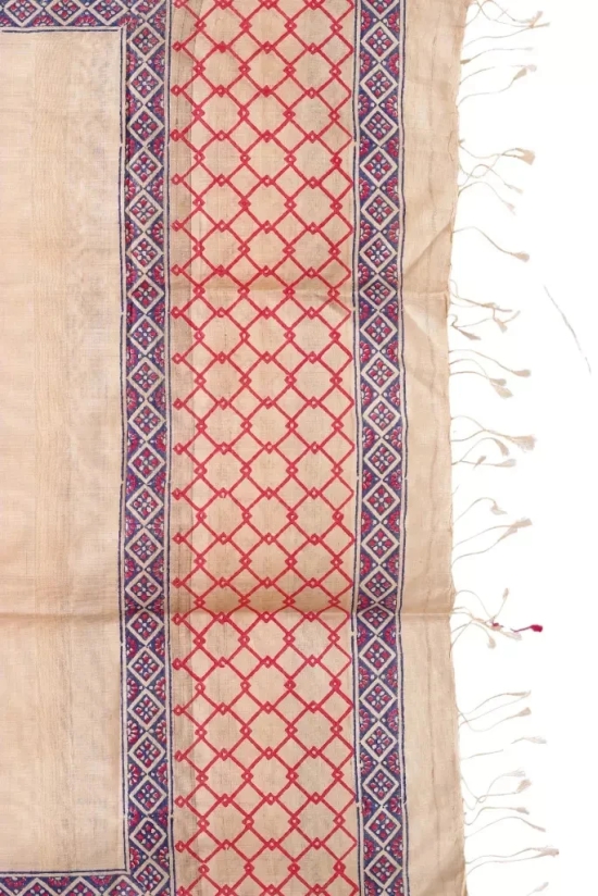 Tisser Kosa (Tussar) Silk Dupatta With Hand BlockPrint