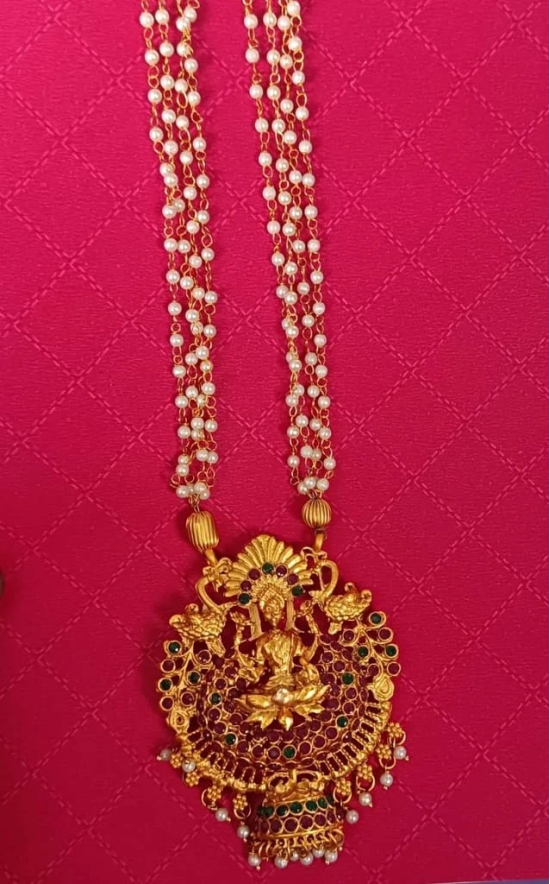 Traditional Indian Gold Plated Temple Pendant Necklace Set with Pearls and Green Stones