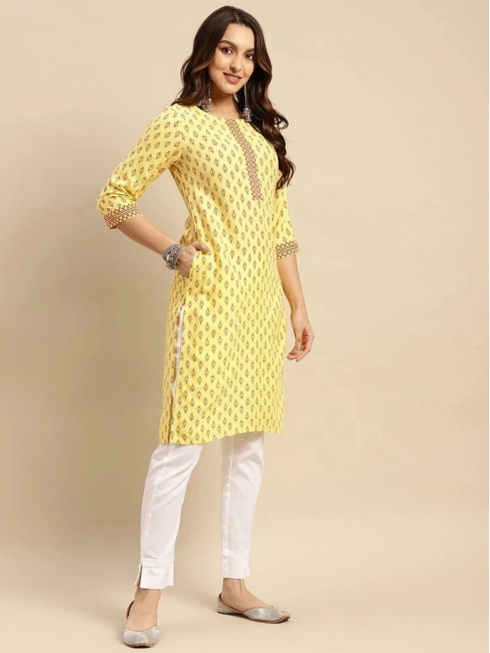 Rangita Women Rayon Yellow Buta Printed Knee Length Straight Kurti - None