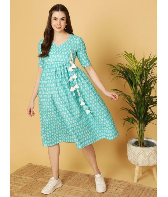 Antaran Cotton Printed Ankle Length Women's Fit & Flare Dress - Sea Green ( Pack of 1 ) - None