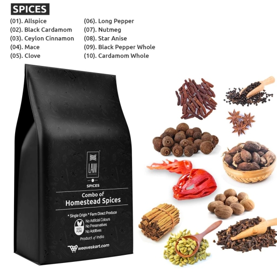 Gift Pack of Kerala Spices – Cardamom, Black Pepper, Cinnamon, Clove, Nutmeg Mace, Star Anise, Long Pepper, Black Cardamom, Nutmeg Whole, Allspice – 50 Gm