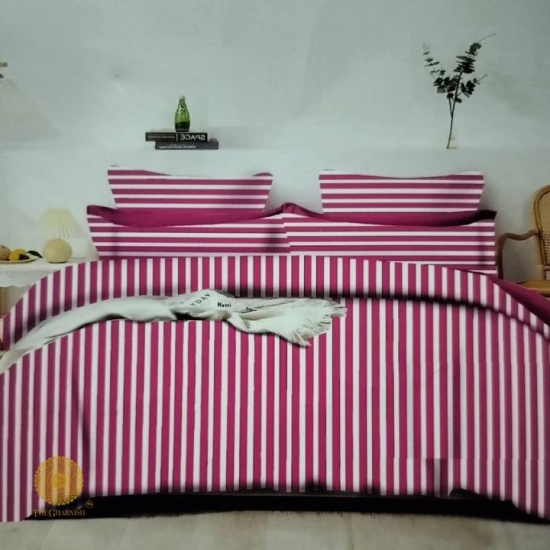 Stripe Queen Size Bedsheet and Pillow Covers-Pink