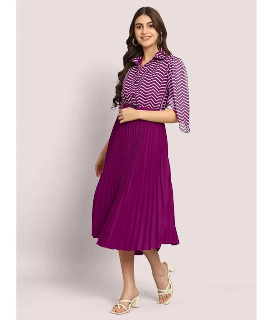 JASH CREATION Polyester Striped Midi Womens Fit & Flare Dress - Magenta ( Pack of 1 ) - None