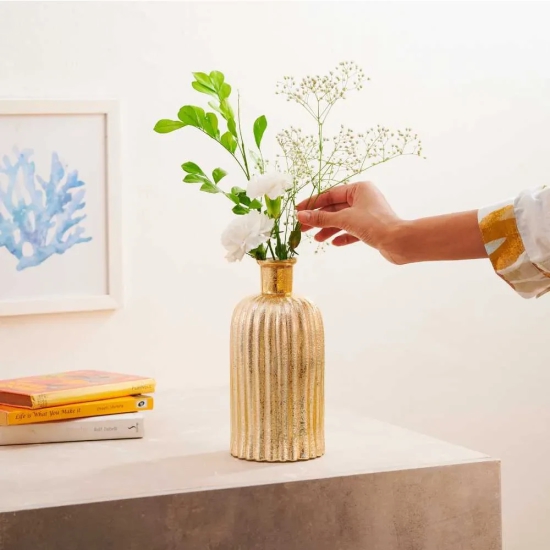 Fluted Glass Vase With Metallic Finish Silver