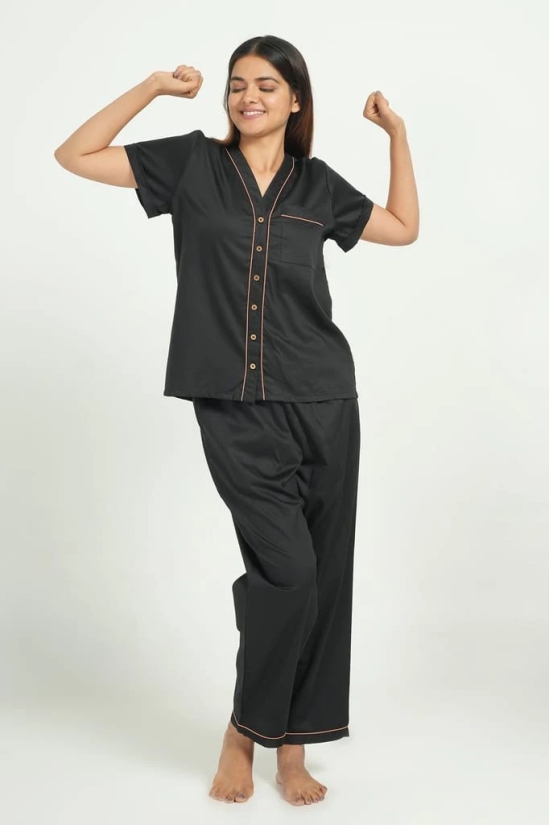 BREATHABLES Women Cotton Nightsuit Shirt and Pants Co-ord Set Short Sleeve V Neck Comfort Loose Fit Navy Blue(Night Wear | Co-ord set | Lounge Wear Set)