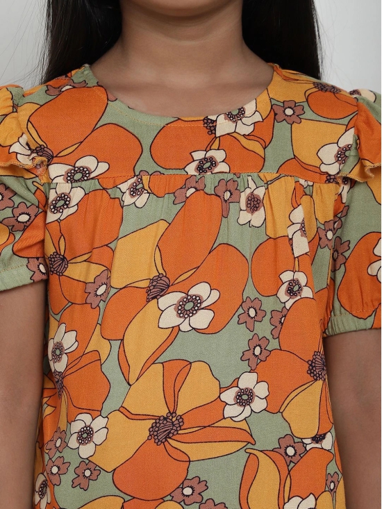 MINI & MING Girls Floral Printed Puff Sleeves Regular Top